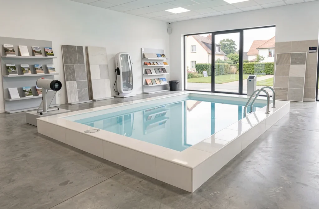 Showroom professionnel d'Aquapro avec démonstration de piscine et équipements en Moselle