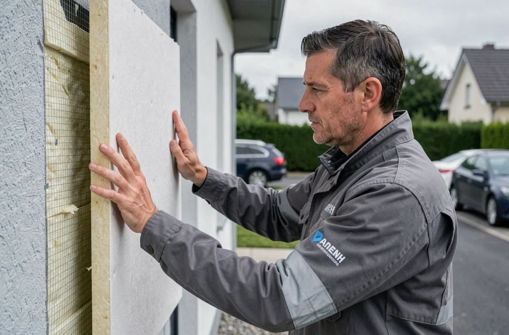 Spécialiste Bâti Confort posant des panneaux d'isolation thermique par l'extérieur sur une maison dans l'Ain
