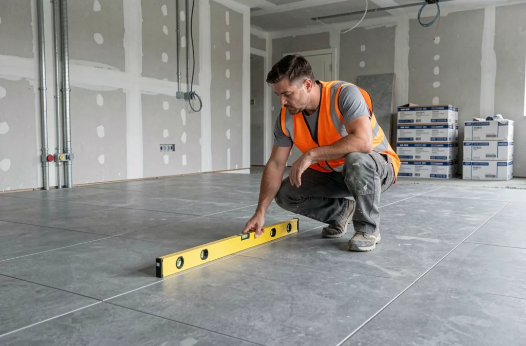 Poseur Bati Pose vérifiant la planéité d'un carrelage grand format avec un niveau à bulle sur un chantier neuf