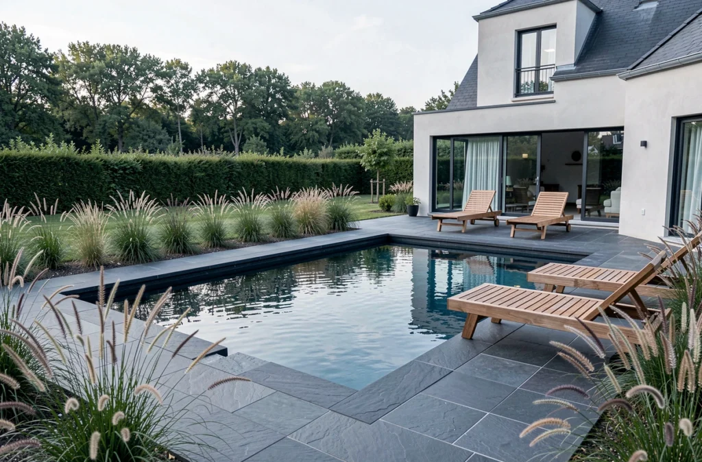 Piscine de luxe avec débordement et finition ardoise réalisée par BG Pools en Moselle