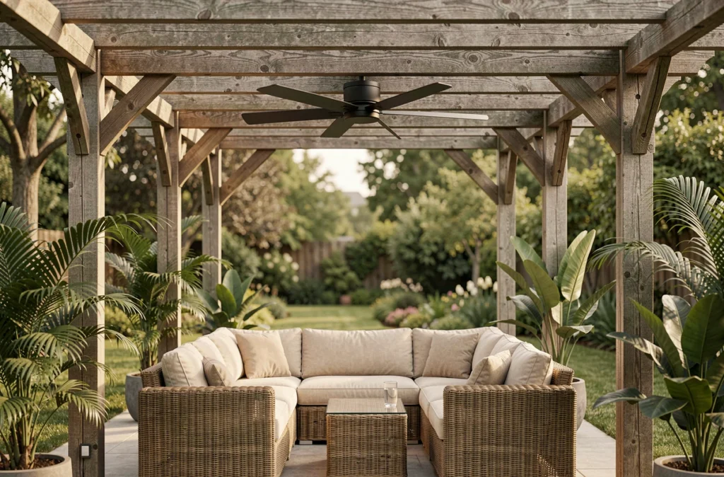 Brasseur d'air extérieur sous une pergola en bois sur une terrasse avec salon de jardin en rotin