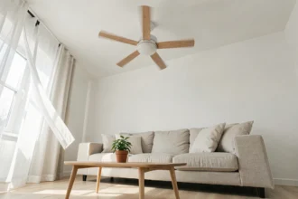 Brasseur d'air au plafond à pales en bois dans un salon scandinave minimaliste