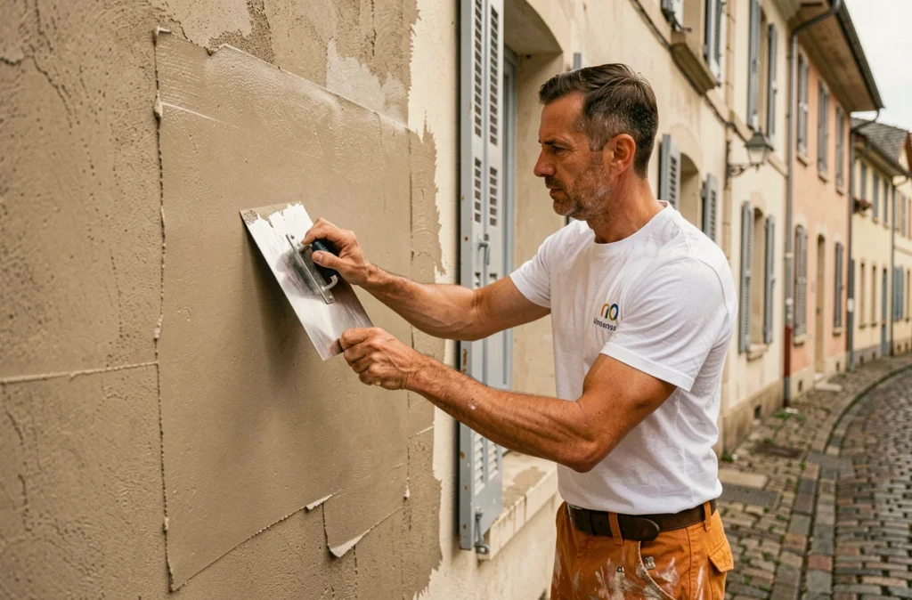 Plâtrier de Bresse Ravalement lissant un enduit décoratif à la taloche sur la façade d'une maison de bourg à Bourg-en-Bresse