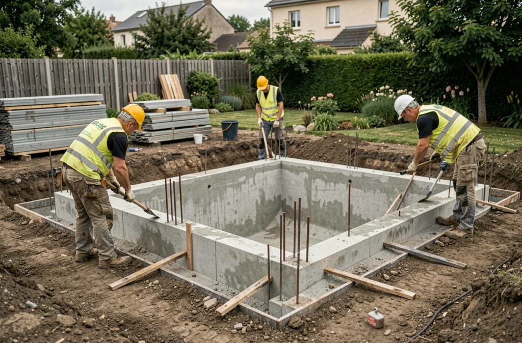 Équipe de BT Construction travaillant sur le chantier de construction d'une piscine en Moselle