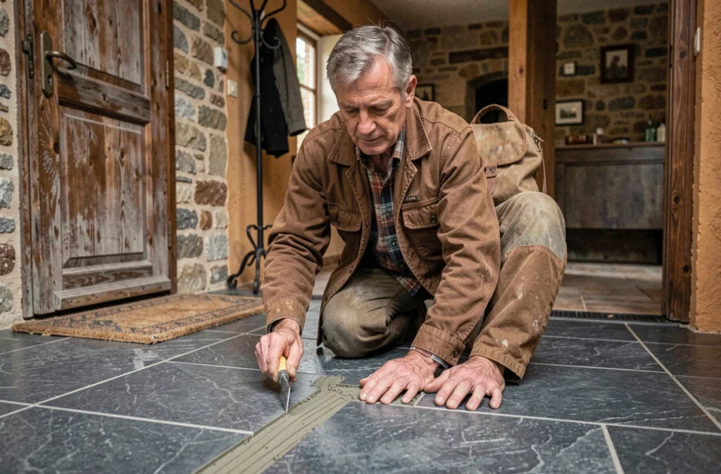 Artisan Carrelage Brun jointoyant des dalles en ardoise dans l'entrée d'une maison en pierre du Gard