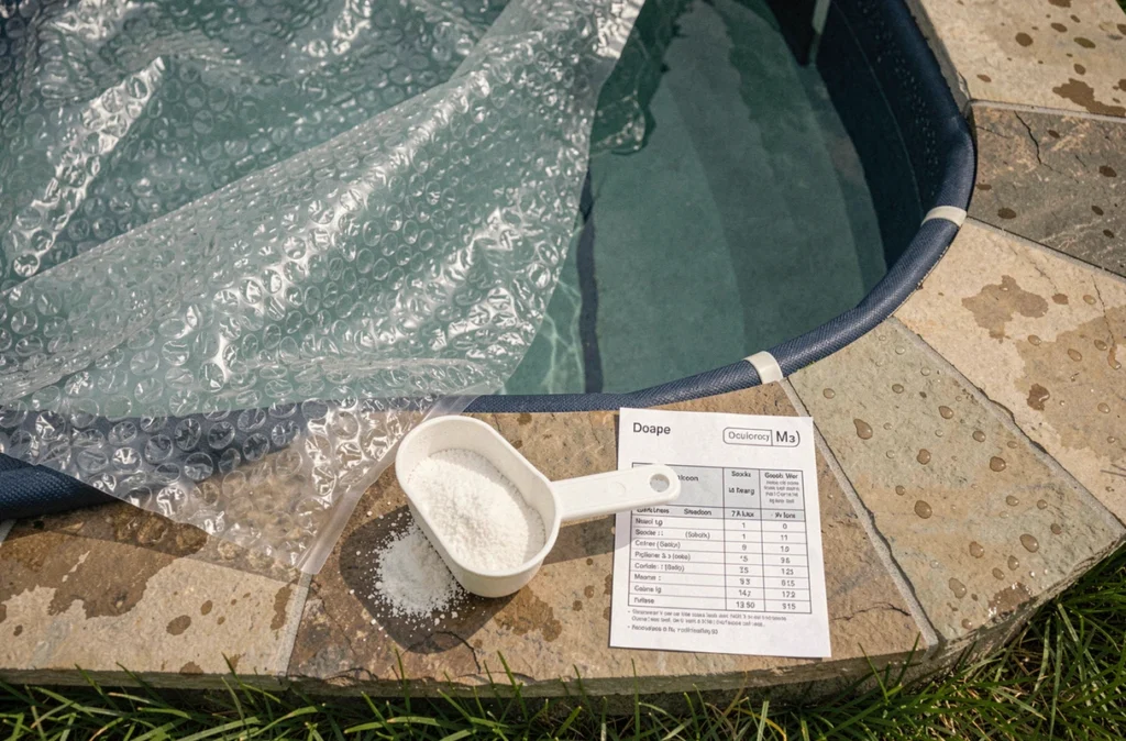 Gros plan sur le dosage chlore choc en granulés pour une piscine couverte d'une bâche solaire