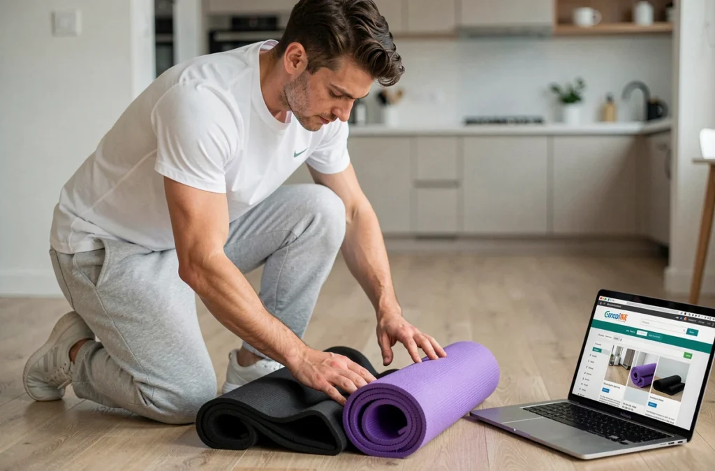 Homme comparant deux tapis de sport différents avant achat en regardant leur épaisseur et qualité