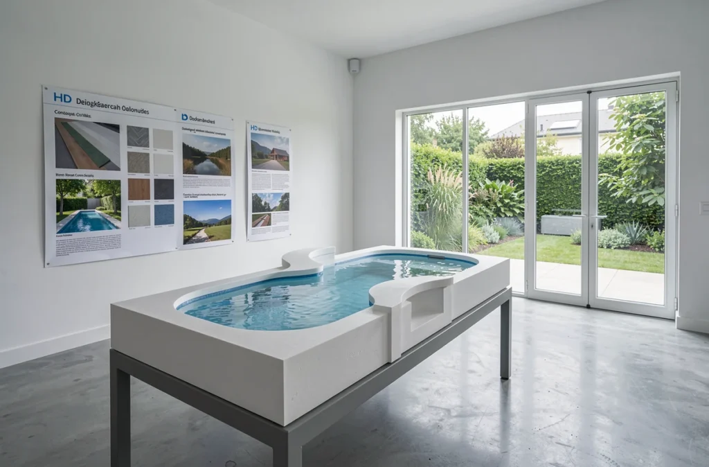 Maquette de piscine sur mesure et planches de conception présentées dans le showroom de Concept Piscine en Moselle