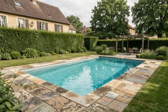 Vue d'ensemble d'une piscine résidentielle avec terrasse en pierre naturelle dans un jardin paysagé de Moselle