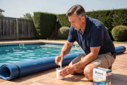 Homme dosant le chlore choc pour une piscine couverte d'une bâche de protection