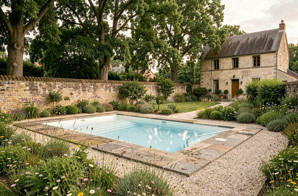 Piscine traditionnelle avec liner bleu dans un jardin de propriété rurale mosellane réalisée par Gircourt