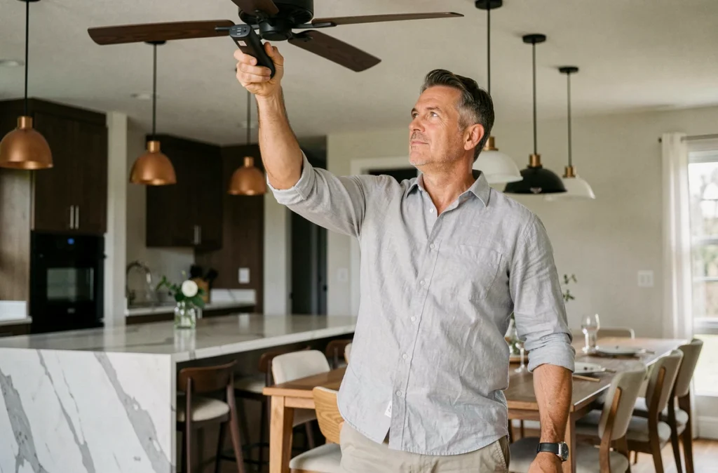 Homme réglant la télécommande d'un brasseur d'air dans une cuisine moderne