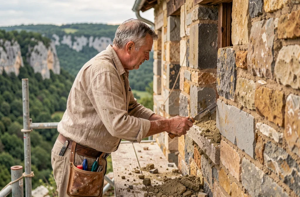 Maçon de Maçonnerie Perret rejointoyant une façade en pierre calcaire d'une maison du Bugey avec les falaises boisées en arrière-plan