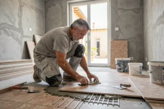 Carreleur professionnel posant du carrelage dans une salle de bain en rénovation dans le Gard