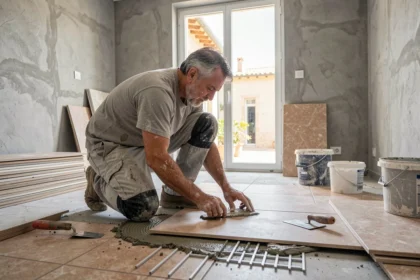 Carreleur professionnel posant du carrelage dans une salle de bain en rénovation dans le Gard