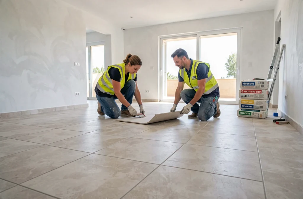 Équipe de poseurs Occitanie Carrelage installant du carrelage grand format dans une maison moderne