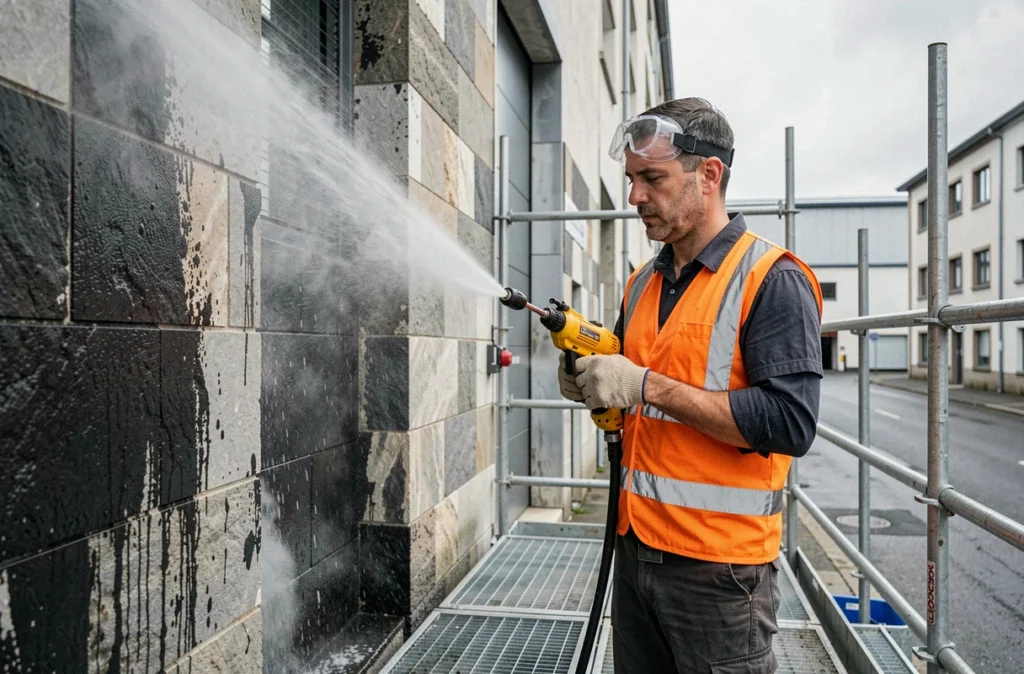 Ouvrier Pro Façade 01 utilisant un jet haute pression pour nettoyer la façade en pierre d'un bâtiment à Oyonnax