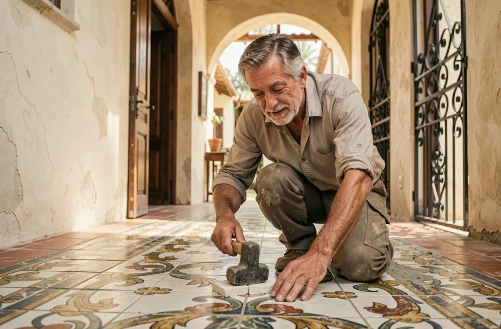 Maître carreleur de Provence Carrelages posant une mosaïque dans le couloir d'une villa provençale