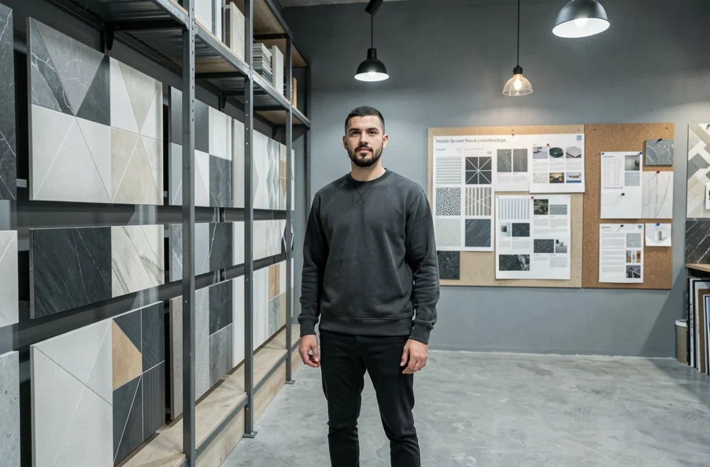 Designer de R-concept présentant des échantillons de carrelage géométrique dans un showroom moderne