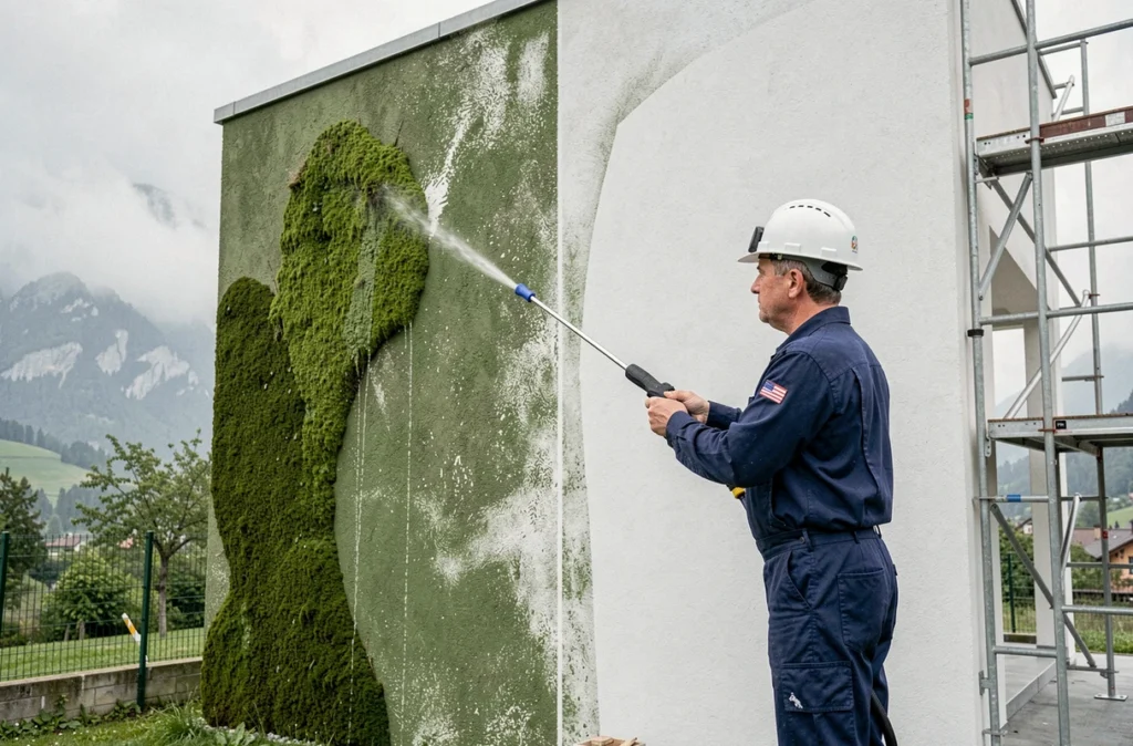 Technicien Ravalement 01 nettoyant la façade d'un immeuble couvert d'algues dans le Pays de Gex avec lance haute pression