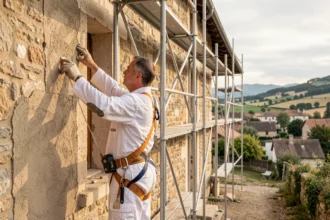 Ouvrier en ravalement de façade travaillant sur une maison traditionnelle en pierre dans l'Ain avec échafaudage et paysage rural en arrière-plan