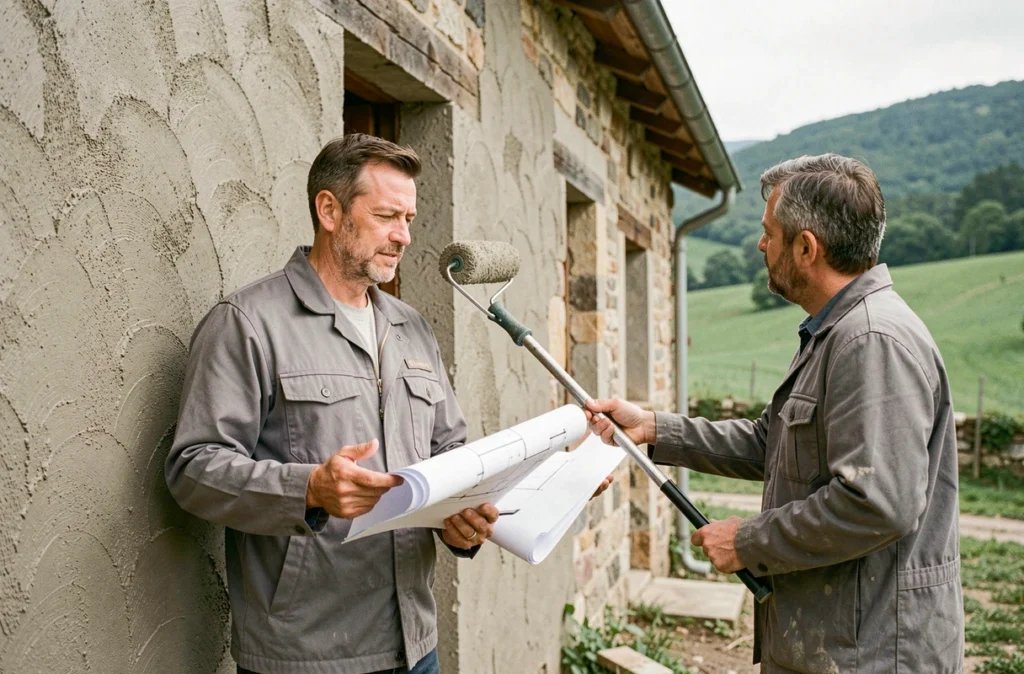 Conseiller en rénovation et façadier inspectant une ferme en cours de ravalement dans la campagne de l'Ain