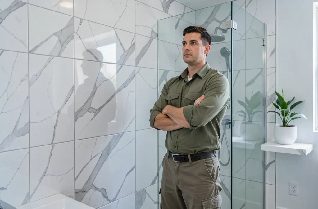 Carreleur Sanchez inspectant une pose de carrelage effet marbre dans une salle de bain moderne