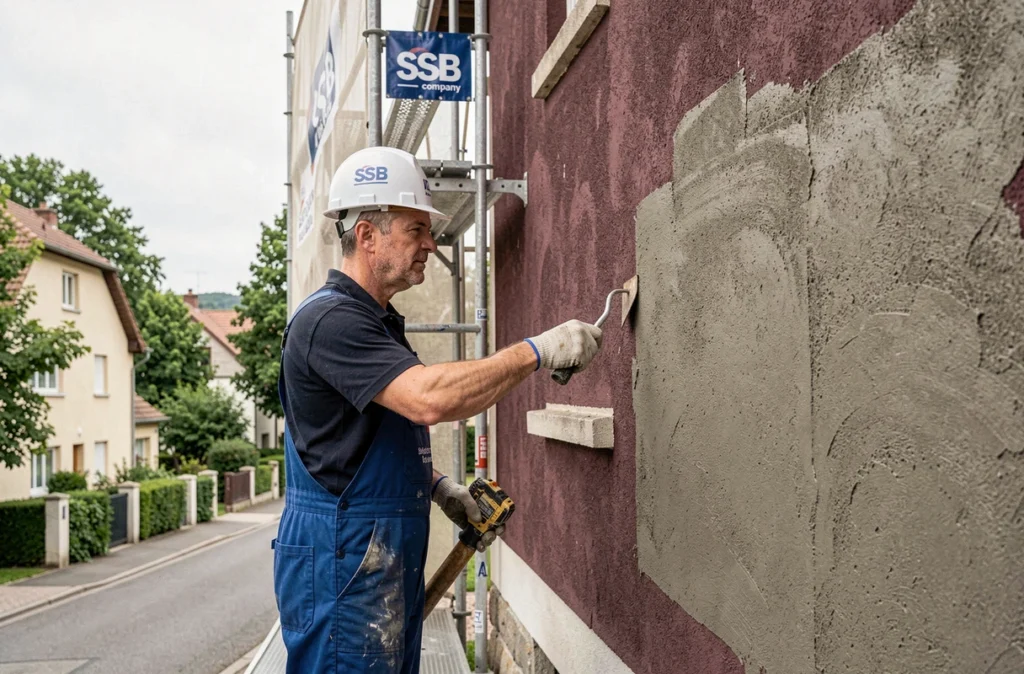 Technicien SSB ravalement appliquant un enduit ciment sur une maison résidentielle dans l'Ain avec filet d'échafaudage visible