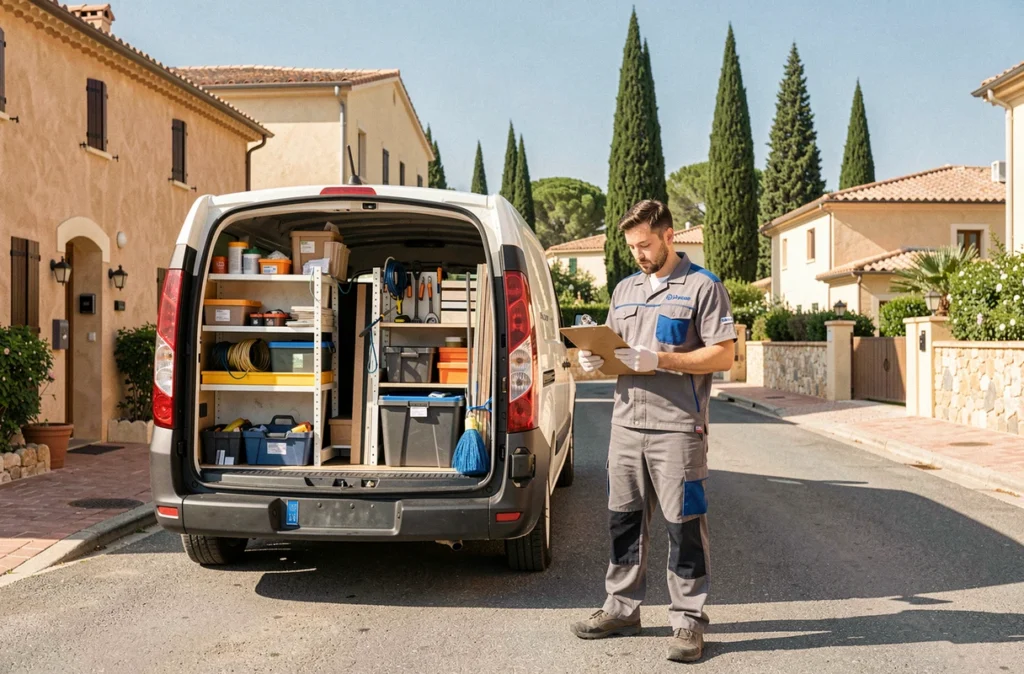 Technicien Sud Carrelage Services devant son véhicule de service dans un quartier résidentiel du Gard