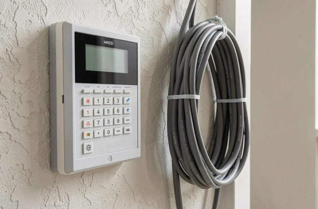 Centrale d'alarme et clavier fixés au mur d'une entrée