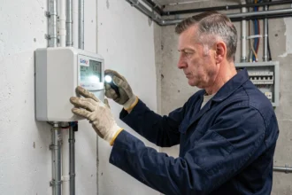 Électricien professionnel coupant le compteur Linky avant des travaux dans une chaufferie résidentielle