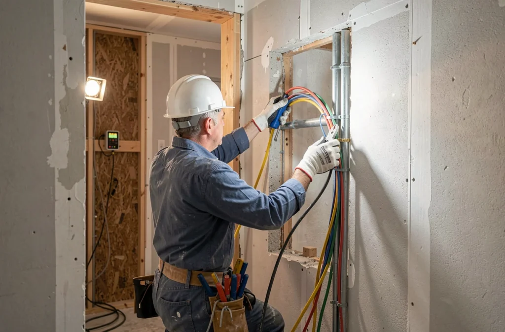 Installateur passant des câbles dans une gaine pendant une rénovation